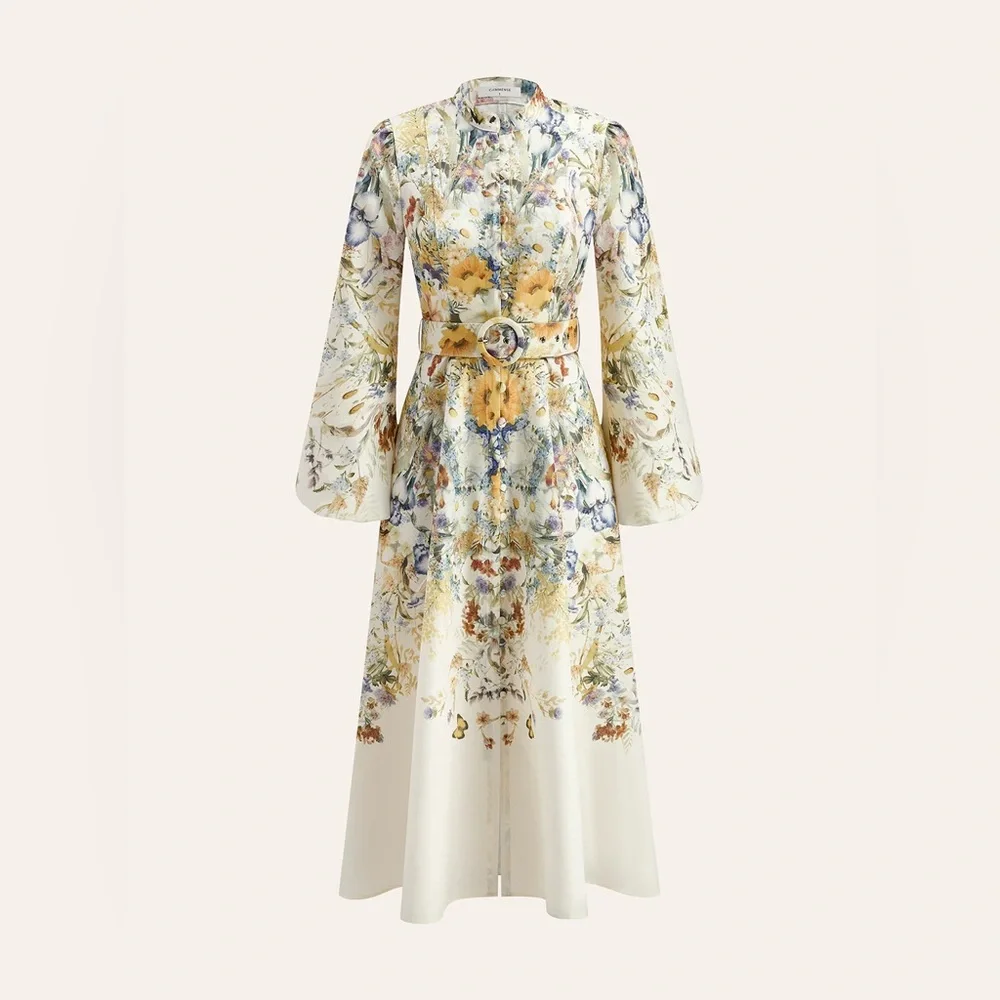 NEW Commense Belted Balloon Long Sleeve Floral Butterfly Dress Midi, XS - Picture 11 of 16